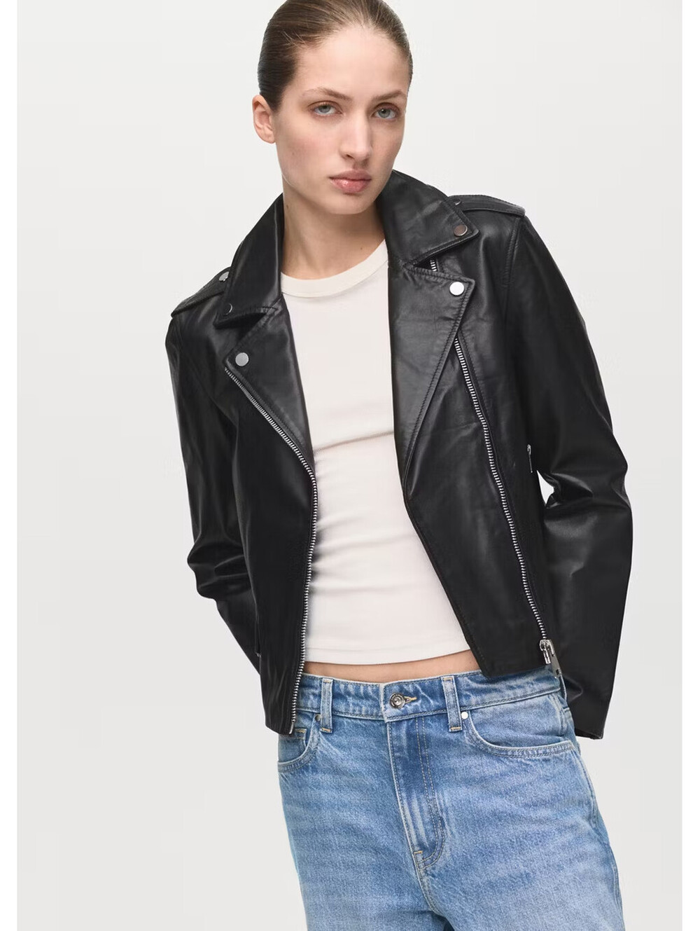 Mango MNG Real Leather Biker Moto Jacket Womens M Medium Black Zip